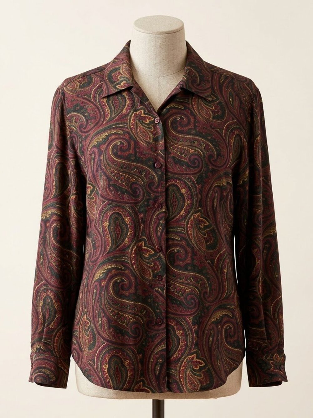 Casual Corner 100% Silk Paisley Button Down Blouse Burgundy Red Gold Size 14